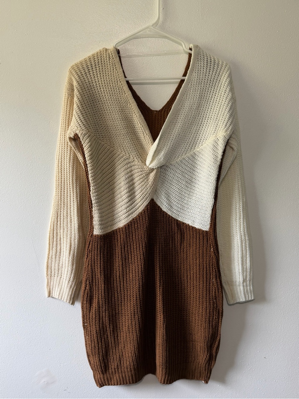 Cream and Brown Knit Twisted Front Sweater Dress
